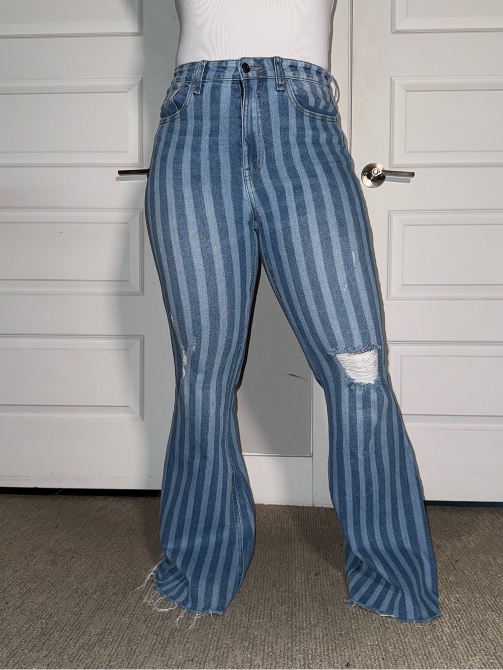 Cello High-Rise Striped Distressed Flare Jeans